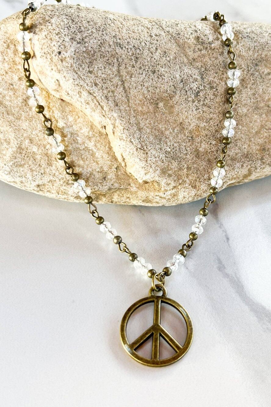 Peace Sign Beaded Necklace | Gold & Clear | Dylan Designs